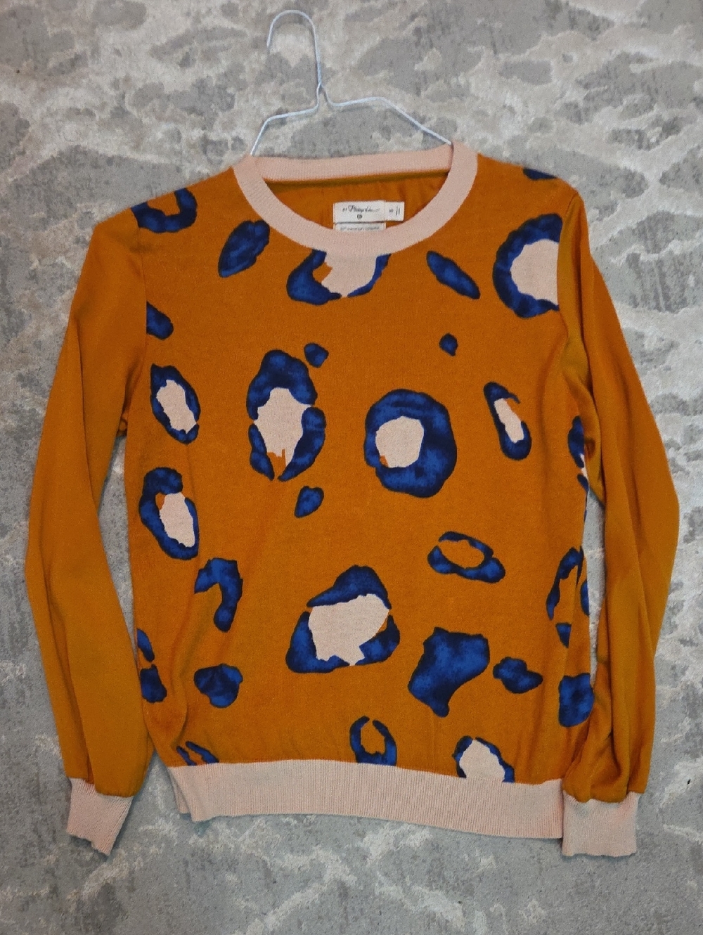Veronica Beard Mustard Crewneck Sweater with Blue and Cream Spots